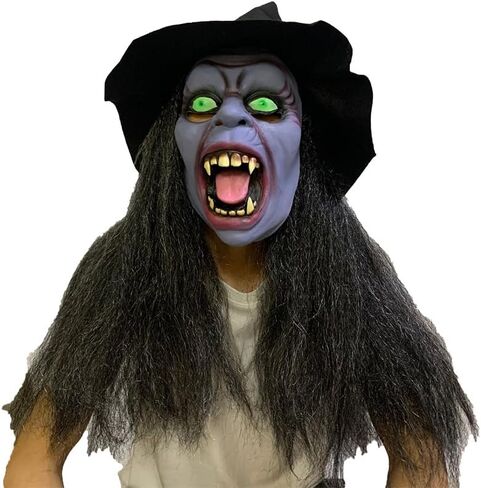 Old Woman Witch Mask Creepy Scray Green Witch Face Mask with Hair and Hat Wizard Dress up Mask Halloween Cosplay Costume in Saudi Arabia