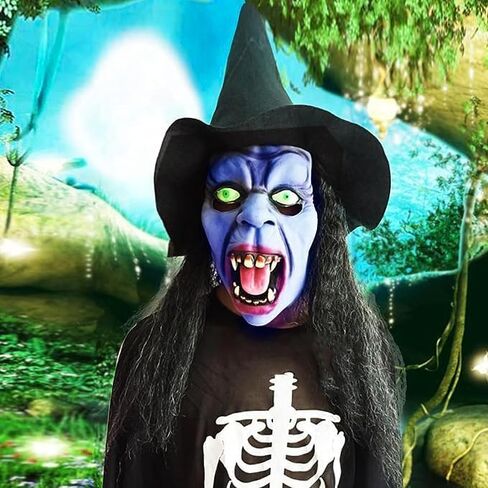 Old Woman Witch Mask Creepy Scray Green Witch Face Mask with Hair and Hat Wizard Dress up Mask Halloween Cosplay Costume in Saudi Arabia