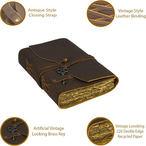 مجلة جلدية خمر - جلود جلدية عتيقة مجلات تكتب دفتر دفتر دفتر - مجلة Deckle حواف الورق | مجلة المظهر القديم | مجلة Grimoire (12x8 بوصة) in Kuwait
