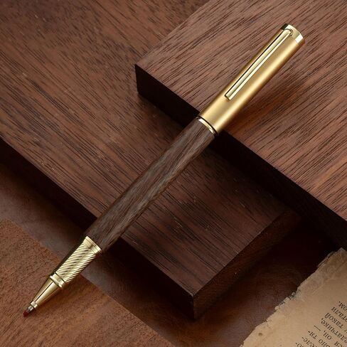 Luxury Wooden and Metal Rollerball Pen Set with Spare Gel Ink Refill,Rosewood,White Oak,Walnut Wood Signature Roller Ball Pen,Business Gift Set for Men and Women (Walnut Wood) in Kuwait