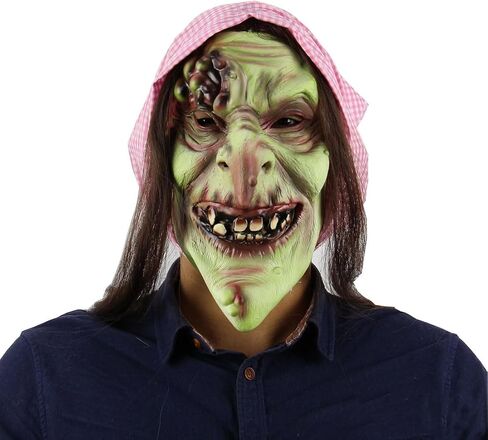 Old Woman Witch Mask Creepy Scray Green Witch Face Mask with Hair and Hat Wizard Dress up Mask Halloween Cosplay Costume in Saudi Arabia