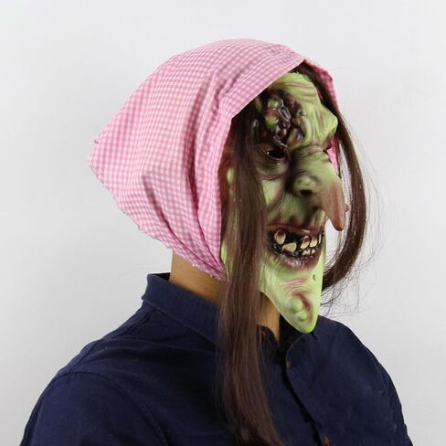 Old Woman Witch Mask Creepy Scray Green Witch Face Mask with Hair and Hat Wizard Dress up Mask Halloween Cosplay Costume in Saudi Arabia