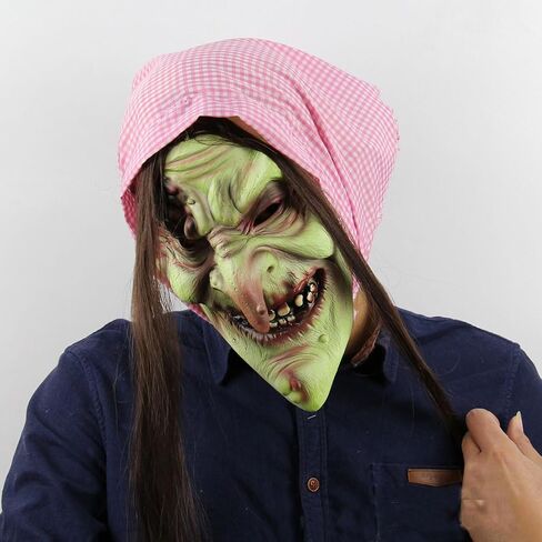 Old Woman Witch Mask Creepy Scray Green Witch Face Mask with Hair and Hat Wizard Dress up Mask Halloween Cosplay Costume in Saudi Arabia