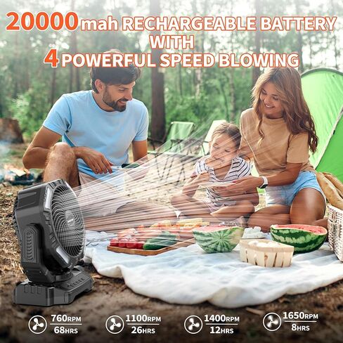 MORECORE 20000mAh Battery Operated Camping Fan with Light, 68HRS Running, Powerful 4 Speeds & Auto Oscillating, with Timer & Hook, for Travel Tent RV Emergency Hurricane Jobsite Garage-Orange in Kuwait
