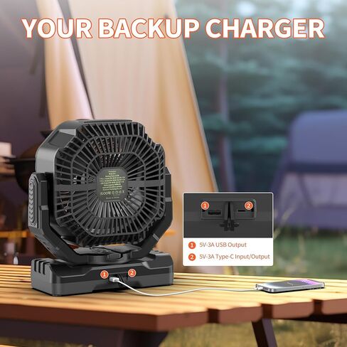 MORECORE 20000mAh Battery Operated Camping Fan with Light, 68HRS Running, Powerful 4 Speeds & Auto Oscillating, with Timer & Hook, for Travel Tent RV Emergency Hurricane Jobsite Garage-Orange in Kuwait