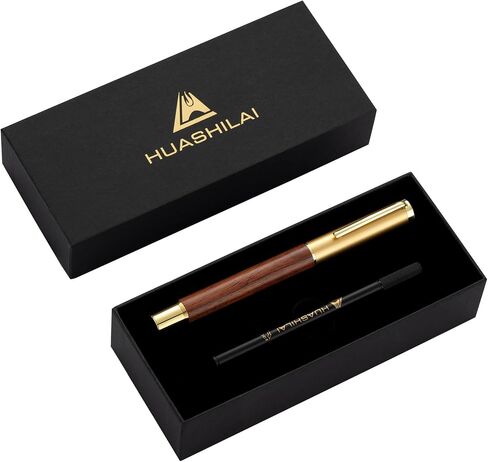 Luxury Wooden and Metal Rollerball Pen Set with Spare Gel Ink Refill,Rosewood,White Oak,Walnut Wood Signature Roller Ball Pen,Business Gift Set for Men and Women (Walnut Wood) in Kuwait