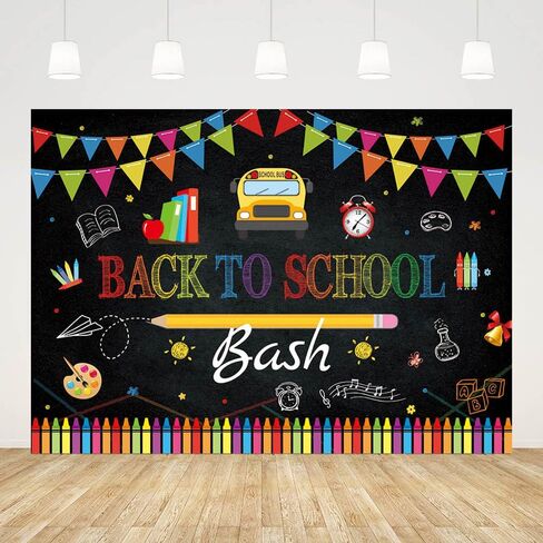 7x5ft Back to School Bash Backdrop Chalkboard Welcome Back to School Background for Photography Bus Books and Colored Pencils Flags Decorations Banner in Kuwait