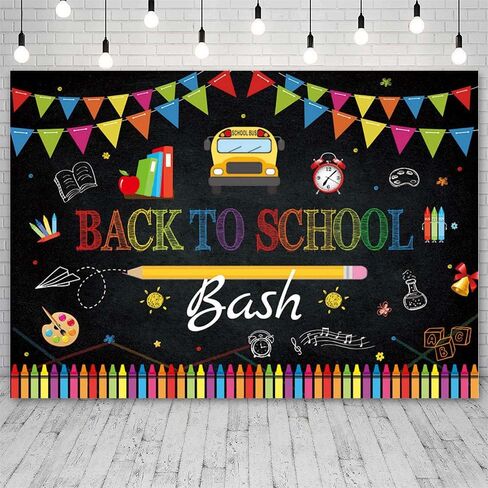 7x5ft Back to School Bash Backdrop Chalkboard Welcome Back to School Background for Photography Bus Books and Colored Pencils Flags Decorations Banner in Kuwait