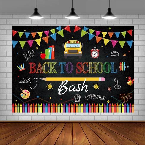 7x5ft Back to School Bash Backdrop Chalkboard Welcome Back to School Background for Photography Bus Books and Colored Pencils Flags Decorations Banner in Kuwait