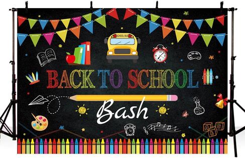 7x5ft Back to School Bash Backdrop Chalkboard Welcome Back to School Background for Photography Bus Books and Colored Pencils Flags Decorations Banner in Kuwait