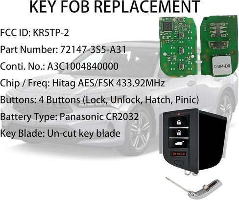 Smart Key Fob for Acura Integra 2022-2024, Alliskeys Proximity Key Fob Replacement for Acura 2023-2024 KR5TP-2 A3C0882310000 72147-3S5-A01 in Saudi Arabia