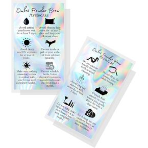 Boutique Marketing LLC Ombre Powder Brow Brow Aftercare Cards | 50 حزمة | 2 Side 2x3.5 بوصة حجم بطاقة العمل | مصطفى مصممة التصميم المجسم ، قوس قزح ، فضية ، ثلاثية الأبعاد ، أسود
