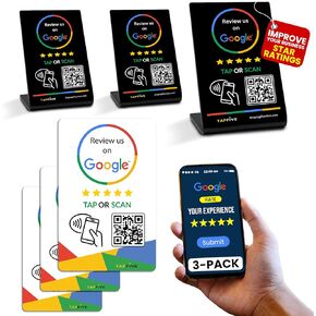 حزمة 2 × 3 عبوات: Google Review Stand + Google Tap Bunddle by Tapfive - Smart Tap NFC & QR للمراجعات الفورية - جميع الهواتف متوافقة - استعراض الأعمال التعزيز