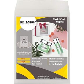Mr-Label 1.5" x 2.5" Matte Frosted Clear Oval Labels - Waterproof and Tear-Resistant - for Inkjet & Laser Printer - Permanent Adhesive - for Gift Decoration | Envelope (180 Labels)