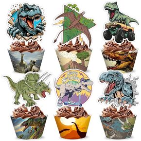 48pcs ديكورات حفلة عيد ميلاد ديناصور | 24pcs cupcake toppers & 24pcs cupcake wrappers party favors اللوازم Dino مركب الهدايا للبنين Girls Carnival جوائز