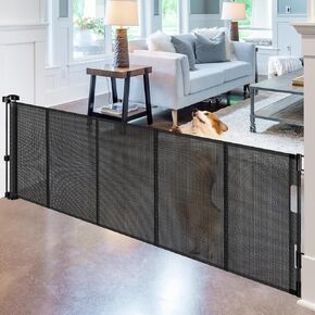 Reinforced 18 Inch Tall Retractable Dog Gate for Stairs, 55" Wide Step Over Pet Gate for Doorways, Small Pet Gate Retractable Gate Indoor/Outdoor Short Gate for Small Dogs - No Bottom Squeeze, Black