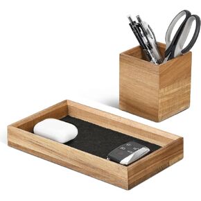 Hulisen Wooden Desk Organizer Tronizer مع حامل القلم ، صينية مكتب غير قابلة للانزلاق وحامل قلم رصاص مع إكسسوارات سطح المكتب المبطنة للمكتب المنزلي لمنظمة مساحة العمل المنزلية