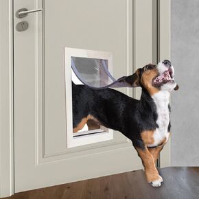 ZJSF Wood Doggie Door للتثبيت في الأبواب الداخلية والخارجية ، وتثبيت سهلة ، قابلة للطلاء ， لوحة الإغلاق المشمولة ، رفرف قابل للتعديل ， باب الكلب المتطرف في الطاقة ， للحيوانات الأليفة حتى 50 رطل