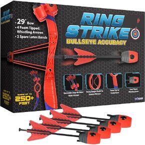Funwares Ring Strike Archery Bow and Arrow Launches Arrows Over 200 Feet, Includes 1 Kid-Powered Bow and 4 Whistling Foam Tipped Arrows