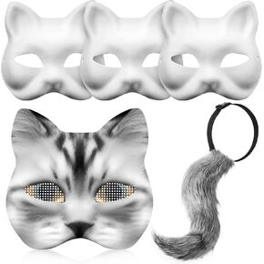 Therian Mask and Tail Set - 3 Pieces Cat Mask, Fur Faux Fox Tail, Blank DIY Halloween White Animal Half Facemask for Masquerade Cosplay Party (Painting Not Included)