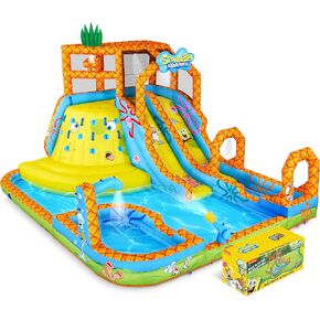 Sunny & Fun SpongeBob Mega Climb n 'Go Go Enteratable Slide Slide Park - شاقة للمرح في الهواء الطلق - جدار التسلق ، شريحة 2 ، حمام سباحة - سهلة الإعداد والتضخيم بمضخة الهواء والحمل المشمولة المشمولة