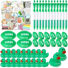 MEOOICK 198 PCS التوعية بالصحة العقلية ، تفضل الحفلات متعددة العناصر ، بطة مطاطية خضراء كرة كرة القدم كرات Green Ribbon Point Pens Fors For Enualist Gift Prind Stop the Dovma