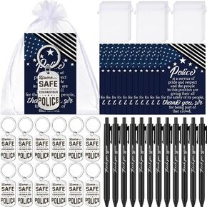 12 Set Police Officer Appreciation Gifts Cop Gift Police Keychain and Pen Thank You Card with Organza Bags for Policeman Sheriff Academy Graduation Birthday Thank You Gifts for Police Officer
