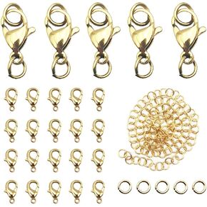 Vacuum Plating 50 Pieces Lobster Claw Clasps INSPIRELLE 12mm Long-Lasting Gold Plated Stainless Steel End Clasps and 100 Jump Rings for Jewelry Making