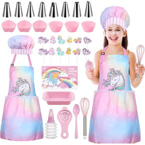 Gemeer Children’s Cooking and Baking Set 34-Pcs Includes Apron for Little Girls, Chef Hat, Oven Mitt & Utensil to Dress Up Chef Career Role Play for 3-7 Years