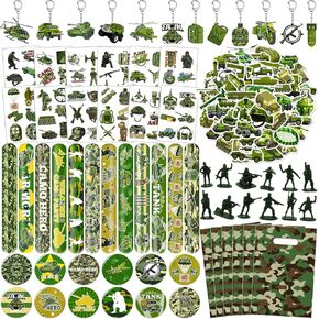 122 PCS حفلات الحفلات الجيش ، كامو العسكرية المؤقتة الوشم المؤقتة أساور المفاتيح ملصقات شارات الشارات جيدة حقائب الجنود لزخارف أعياد الميلاد للجيش لمكافآت الفصول الدراسية للأطفال