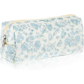 Cute Pencil Case, Aesthetic Flowers Pencil Pouch, Portable Pen Bag Wide Opening, Soft Quilted Pencil Pouch Organizer with Zipper for Office College Storage Makeup Pouch, Blue Flowers