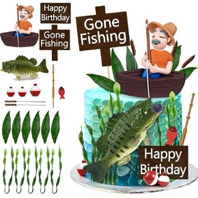 21 PCS ذهب كعكة الصيد أعلى القبعات الصيد الأسماك الديكور كعكة المخرجات لصيد الأسماك تحت عنوان الحفلات ديكور