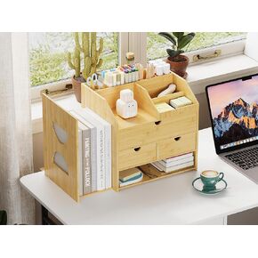 Bamboo Desktop Organizer with 3 Drawers 4 Tier Tabletop Organization Box with Adjustable File Book Holder A4 Full Size Drawer for Office Home