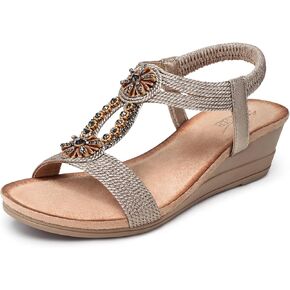 SHIBEVER Womens Wedge Sandals Flower Low Heel Dressy Sandals Elastic Ankle Strap Rhinestone Sandals Summer Comfortable Shoe