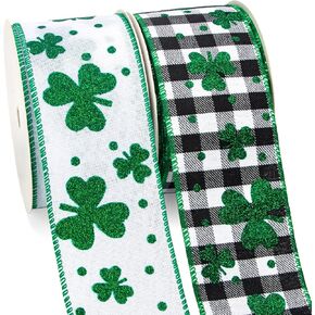 Ribbli St Patricks Day Ribbon Wired ، 2 Rolls Burlap Ribbon ، Glitter Shamrock & Buffalo Plaid ، 2-1/2 inch Total 60 Feets (20 nar