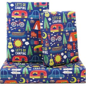 Aircool Let's Go Camping Wrapp Paper ، 6 أوراق مغامرة Treat Tree Tree Torch Torch Camp Wrap ، 20 × 28 بوصة لكل ورقة ورقة هدايا للأطفال