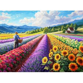 1000 Piece Jigsaw Puzzle for Adults - Art Featuring Country Cottage on a Flower Farm - Sunflowers and Colorful Floral Rows - Challenging Puzzle Perfect for Game Nights - 20x27 inch
