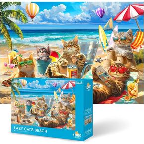 Theo's Baszing Lazy Cats Beach Beach Beachles للبالغين 1000 قطعة - ألغاز بانوراما للاسترخاء