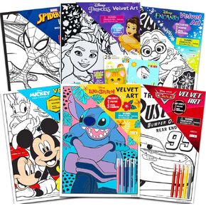 ملصق تلوين Disney Velvet Bulk للأطفال - حزمة مع 6 صفحات فنية تضم ميكي ، غرزة ، سبايدرمان ، المزيد من العلامات زائد ، ملصقات | ديزني غامق حزمة تلوين مخملية