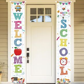 مرحبًا بك مرة أخرى في School Porch Scile Suppies مرة أخرى إلى School Door Sign Decorations يوم أول لافتات معلقة في المدرسة لرياض الأطفال قبل المدرسة الجدار الدراسي الثانوية (أبيض)