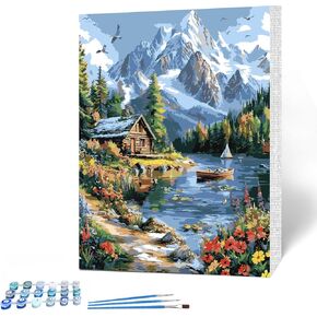 Maxbye Mountain Paint by Numbers kit for البالغين المبتدئين ، الطلاء البالغ من البيت الجبلي بواسطة مجموعات الأرقام على قماش ، مجموعات أرقام أرقام البالغين DIY للهدية ديكور الجدار المنزلي 12x16 في