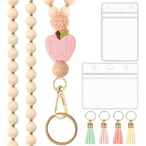 BESARME Teacher Lanyard with ID Holder Cute Wooden Beaded Lanyards for ID Card Badges Holder Boho Tassel Key Ring for Women