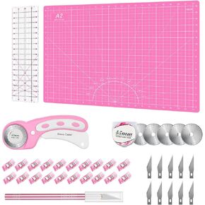 39 PCS Rotary Cutter Set Blue - Keilting Kit Incl. قطع نسيج 45 ملم مع 5 شفرات إضافية ، حصيرة قطع A4 ، مجموعة سكين حرفية ، حاكم خياطة اللحف ومقاطع الخياطة ، مثالية لصياغة ، الخياطة ، العمل.
