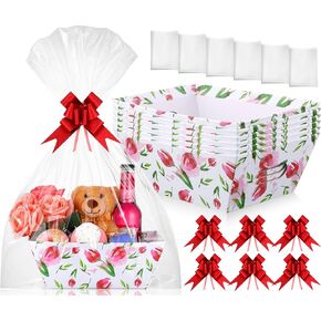 Skyygemm 6 PCS 9.8 × 6.5 بوصة يوم الأم السميك من الورق المقوى السميك سلة فارغة لملء صندوق زهور الزنبق الوردي مربع مع أكياس السيلوفان والأشرطة لأقواس لحفل الشاي الربيعي (TULIP)