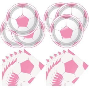 مجموعة مستلزمات الأدوات المائدة الخاصة بـ Oulun Pink Football Party ، مجموعة لوازم حفلة تصميم كرة القدم الوردي والأبيض ، لوازم حفلة عيد ميلاد كرة القدم