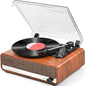 Vinyl Record Player with Upgraded Speakers,3 Speed Turntable with Latest Bluetooth 5.3, AUX Input, Headphone Jack, RCA Output and Auto Stop, Mirror Vintage Wooden Design