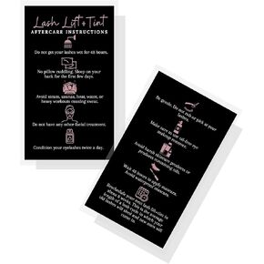 Boutique Marketing LLC Lash Lift + Tint Leafcare Cards | 50 حزمة | 2x3.5 بوصة حجم بطاقة العمل | رفق الرموش وصممة رعاية تلأى | تصميم أسود وروز وردي