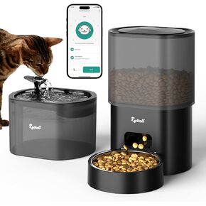 Automatic Cat Feeder and Water Fountain, Rywell 3L WiFi Timed Pet Food Dispenser and 2.5L Water Dispenser with APP for Cats and Dogs, Voice Recorder, Stainless Steel Bowl, Low Noise, Dual Power Supply