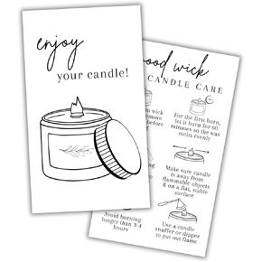 Wooden Wick Candle Care Instruction Cards 50pk 2x3.5" Wood Burning Custom Warning Label How To Cut Wick for Customers Thank You Cardstock