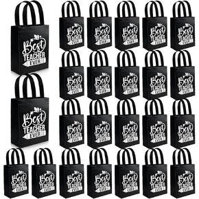 DEMONWER 24 PCS PROSTER TESSERNIATION HISE حقائب مع مقابض هدايا معلم لامع حقيبة أسود قابلة لإعادة الاستخدام الهدايا لتوفيات يوم التخرج لوازم يوم التخرج